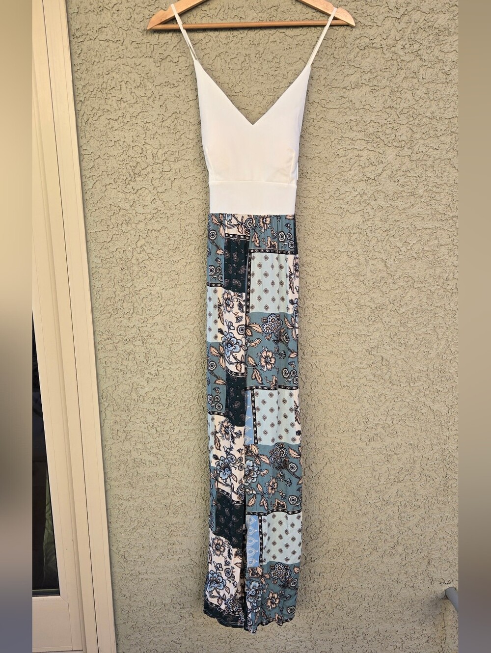 Papaya White & Blue Patchwork Maxi Dress with Spaghetti Straps